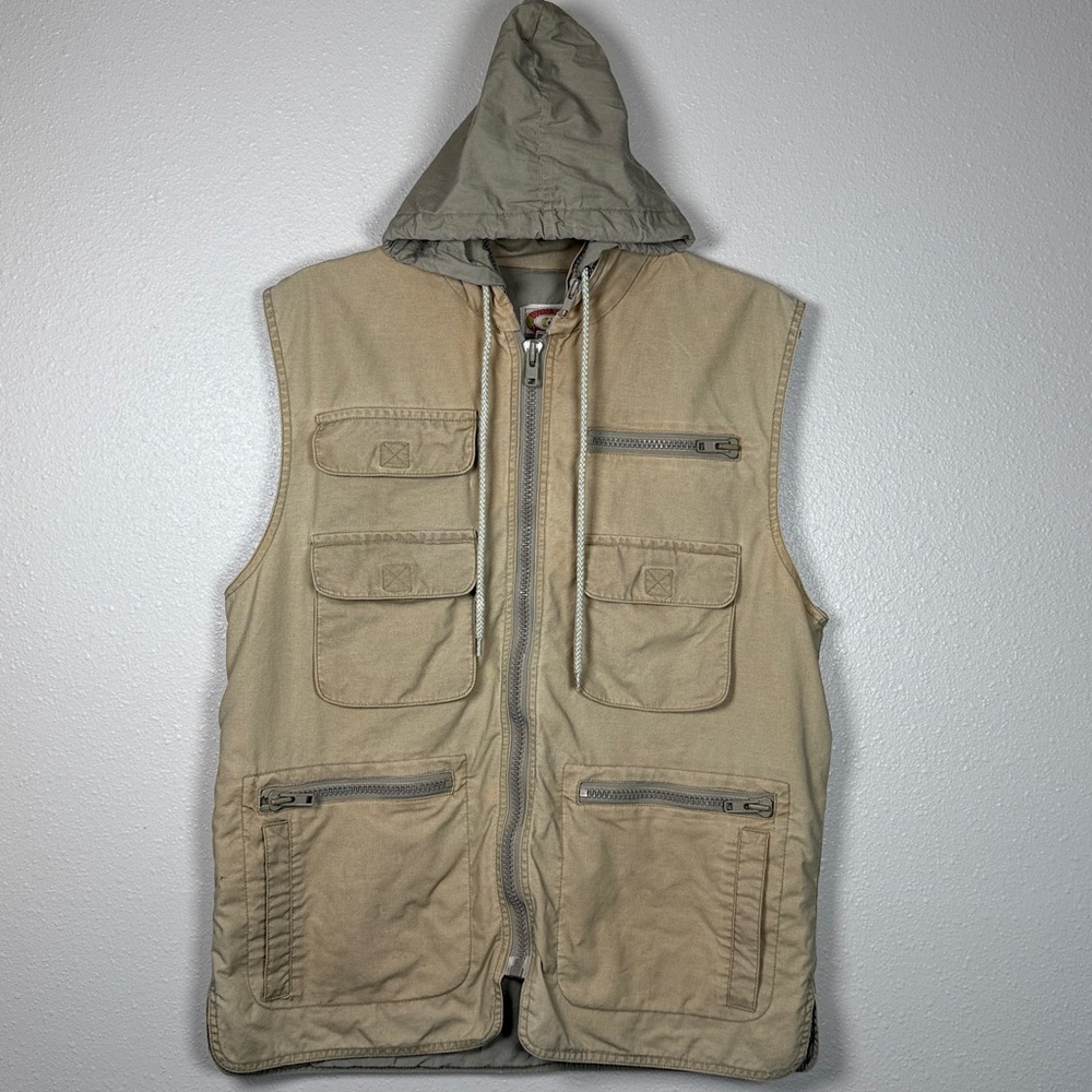 Vtg Banana Republic Zip Vest M Tan Stowaway Hood Safari Utility Taiwan 80s Flaws
